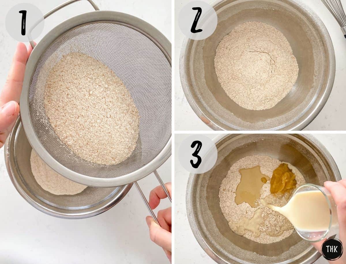 Image collage of sifting flour into mixing bowl and wet ingredients being added.