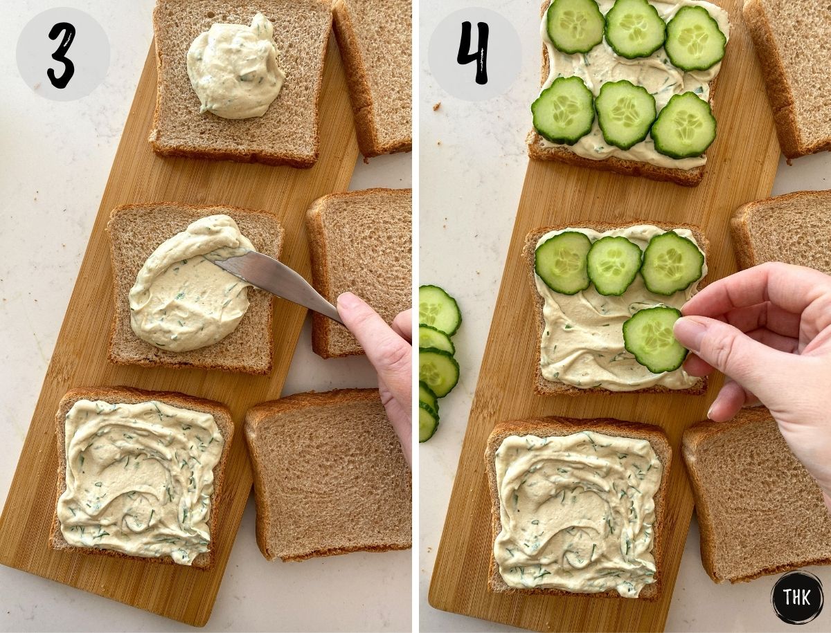 Bread slices on cutting board and cream cheese being spread on top on the left and cucumbers added on the right. 