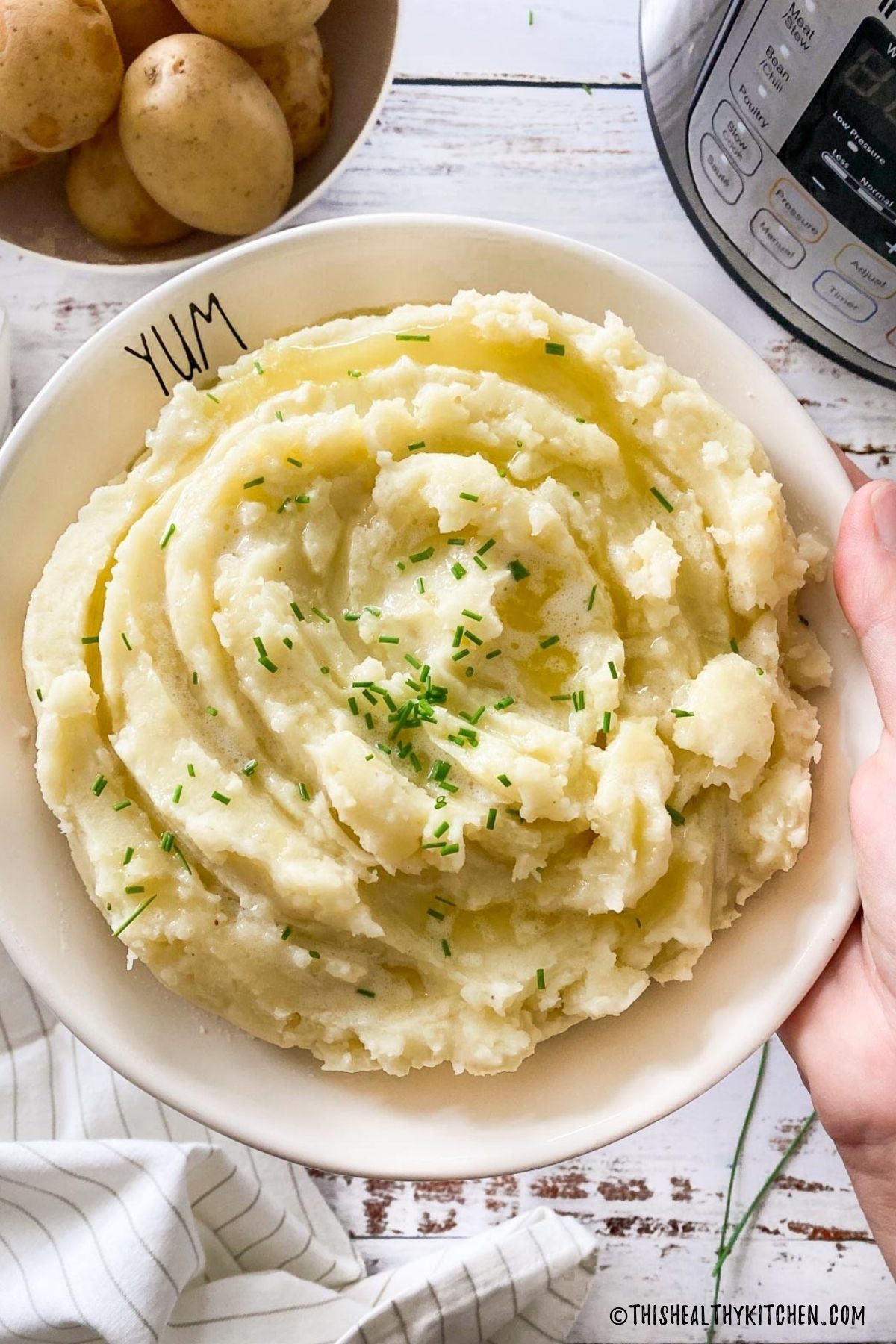 Hand holding up plate of mashed potatoes with chives on top.