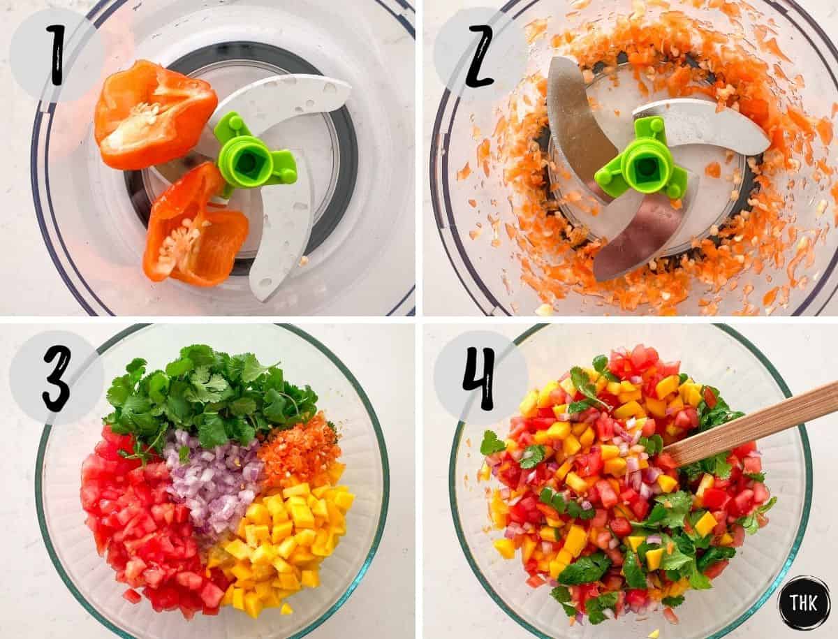 Image collage of pepper in food processor being chopped and then added to bowl of veggies and stirred together.