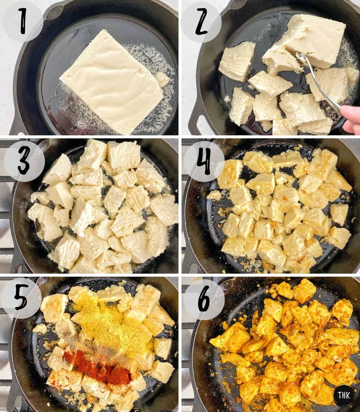 Process shots of block of tofu in cast iron pan being cut into smaller pieces and cooked.
