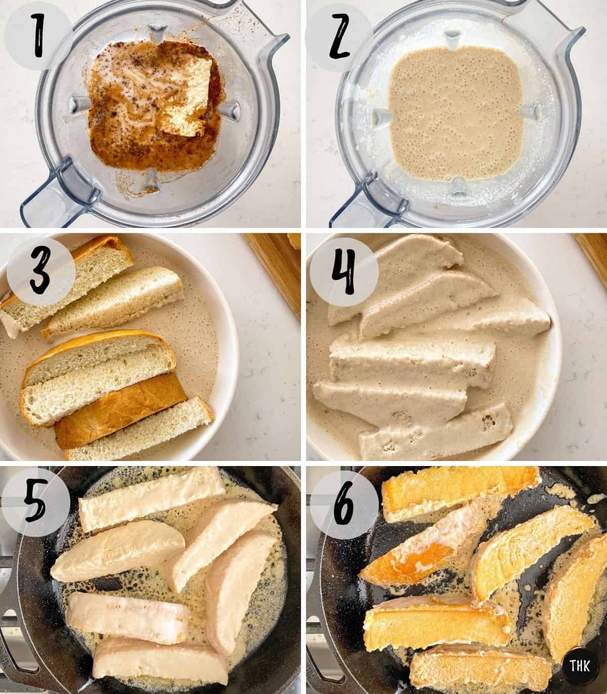 Image collage french toast batter in blender, and then in bowl with bread being soaked and then in skillet.