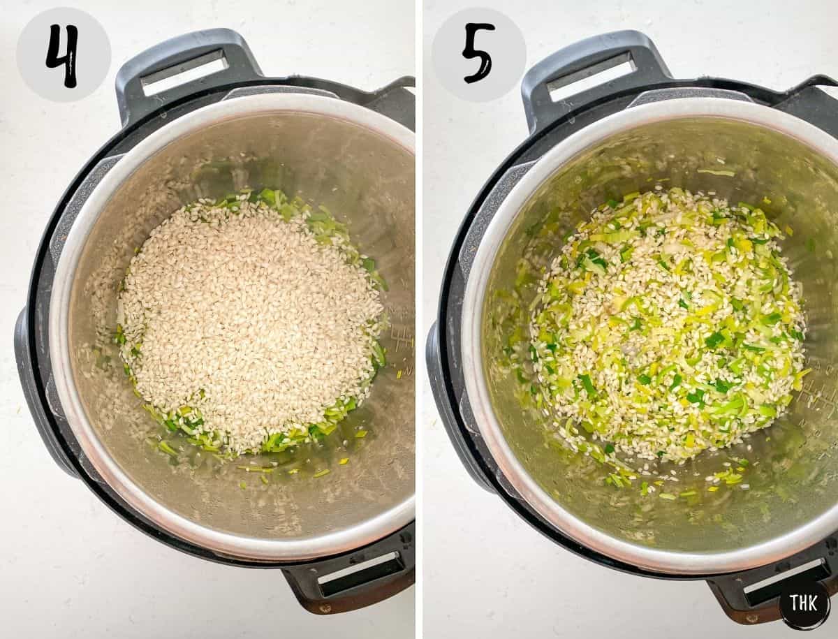 Arborio rice added to pot and being mixed with sautéed leeks.