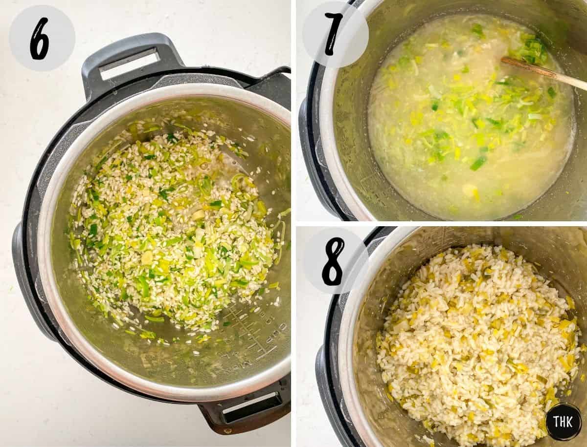 Instant Pot with raw rice and leeks being cooked.