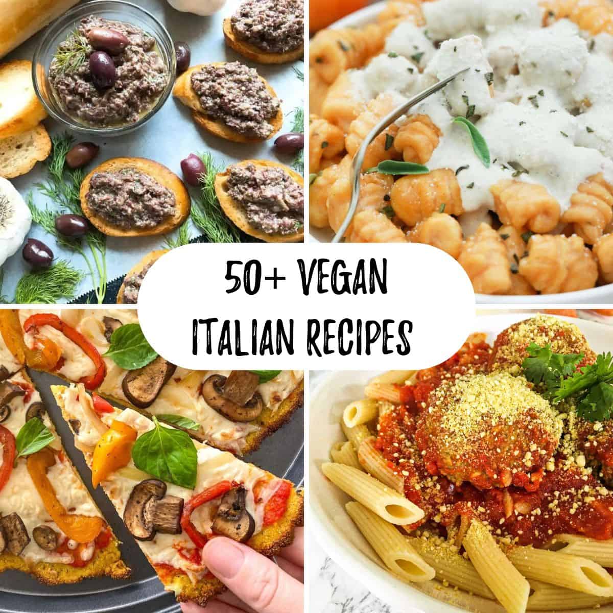 Collage of italian recipes: bruschetta, gnocchi, pizza and meatballs.