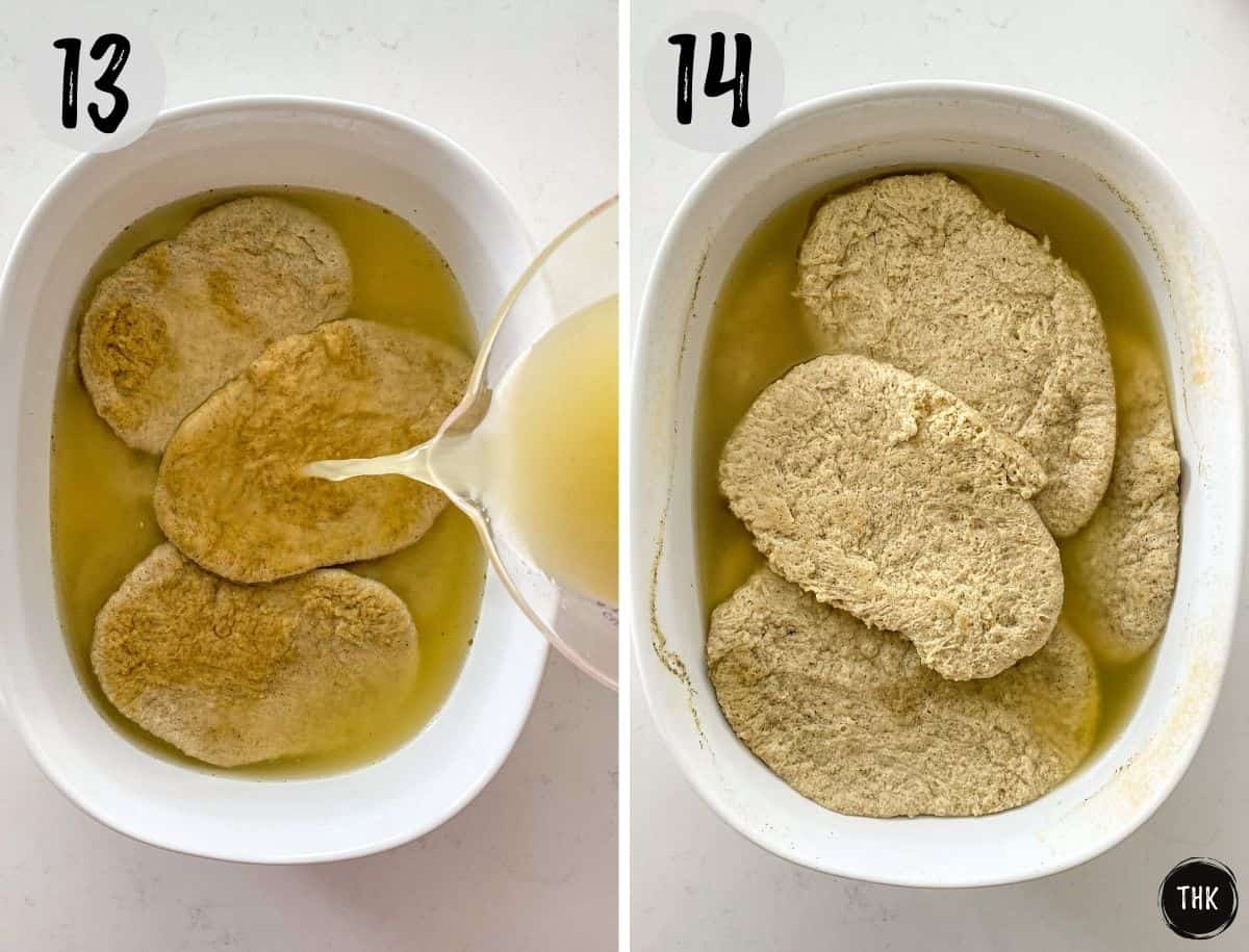 Seitan chicken breasts in corning ware dish before and after cooking.