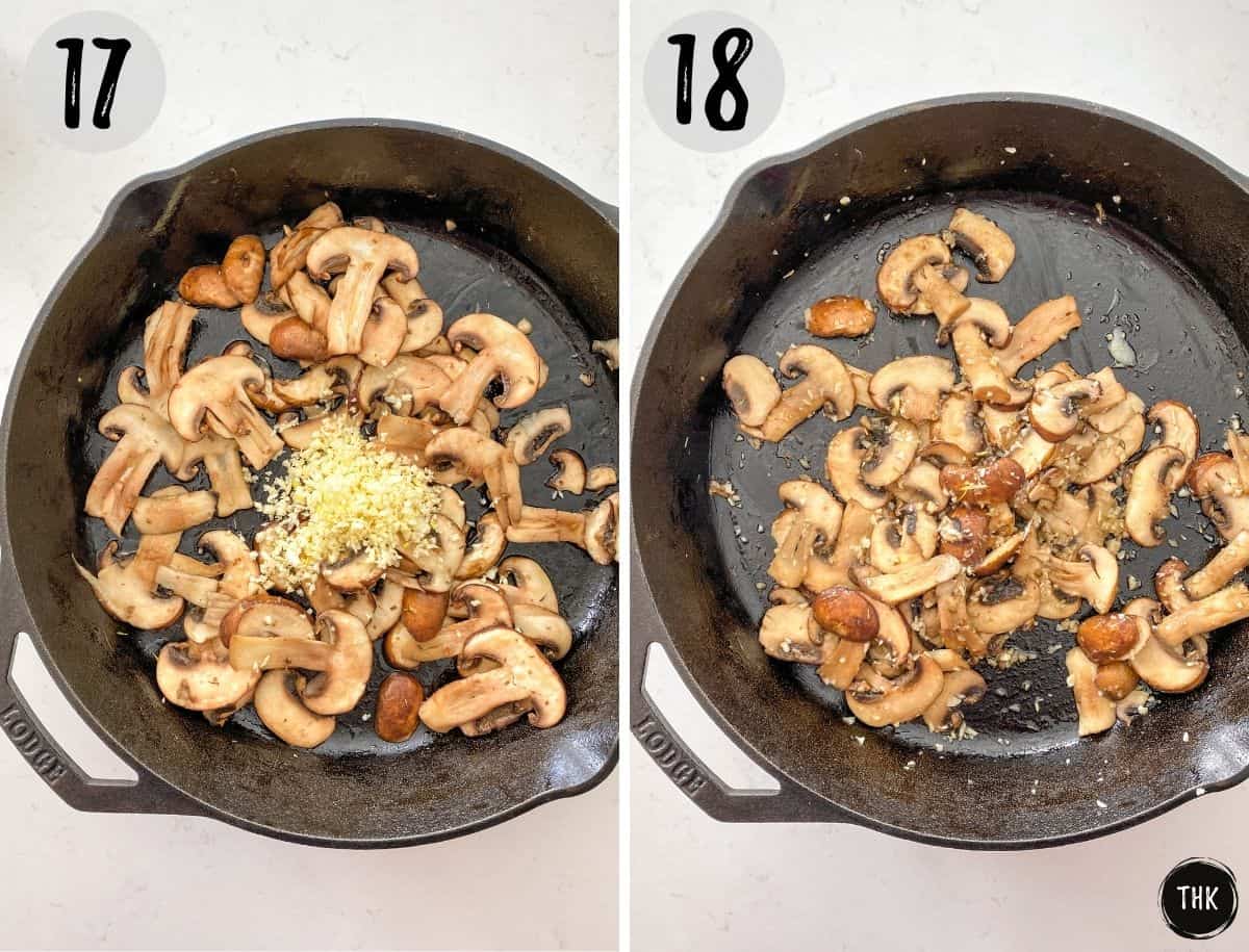 Mushrooms and garlic in cast iron pan being sautéed.