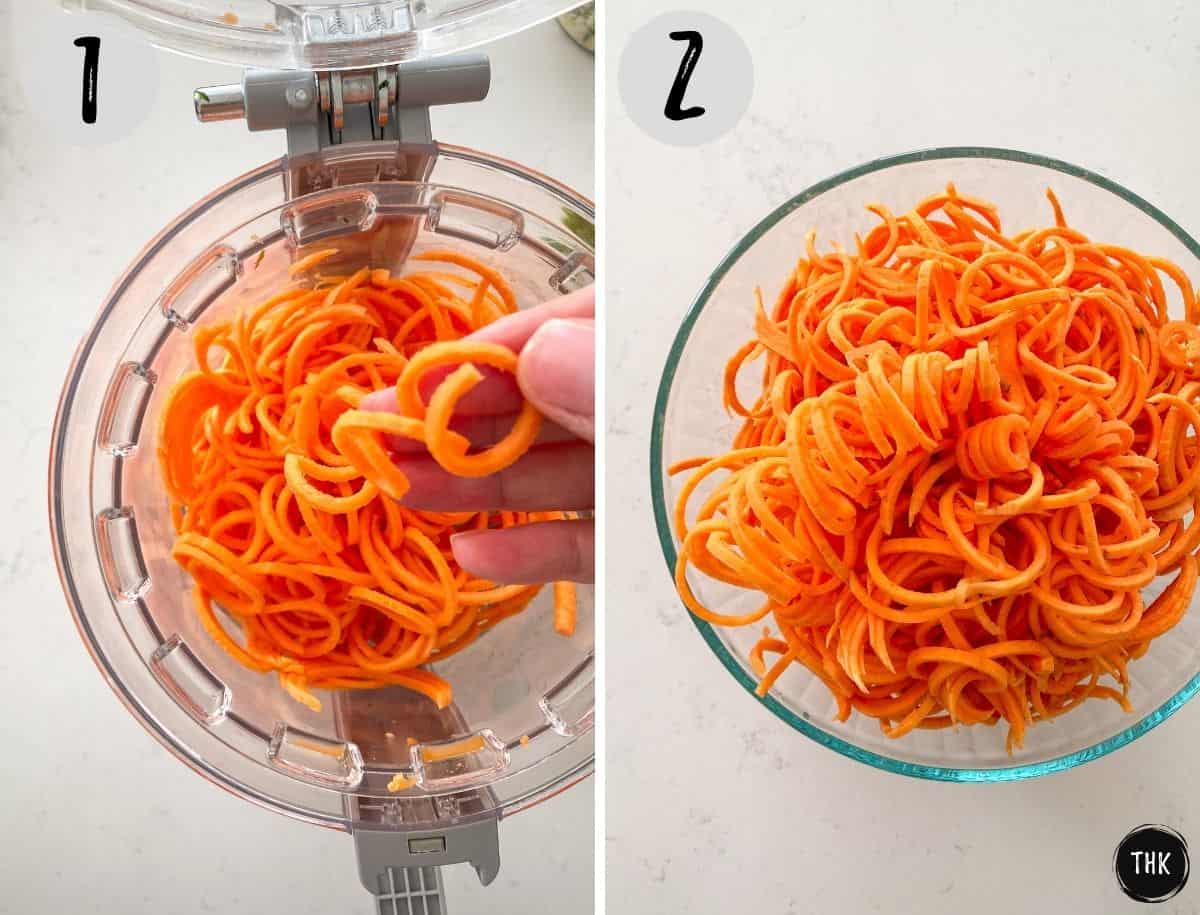 Raw spiralized sweet potato in spiralizer and then in glass bowl.