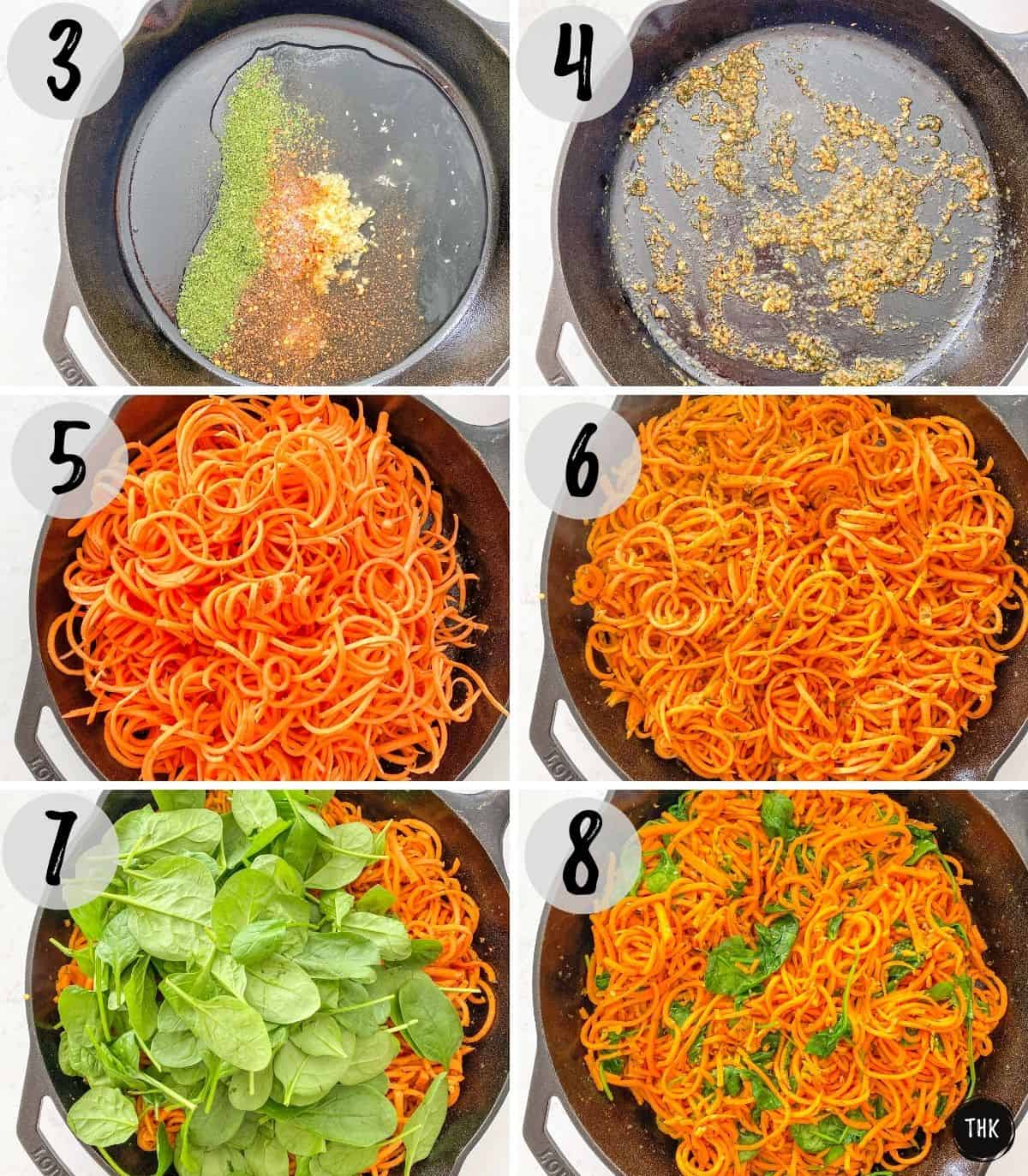Image collage of skillet with garlic and seasoning, then sweet potato noodles and spinach added.