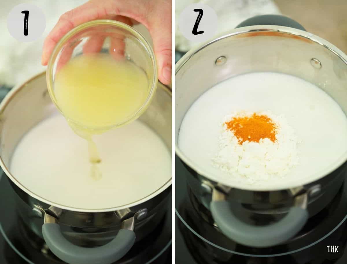 Lemon juice being poured into small sauce pot to make filling for pie.