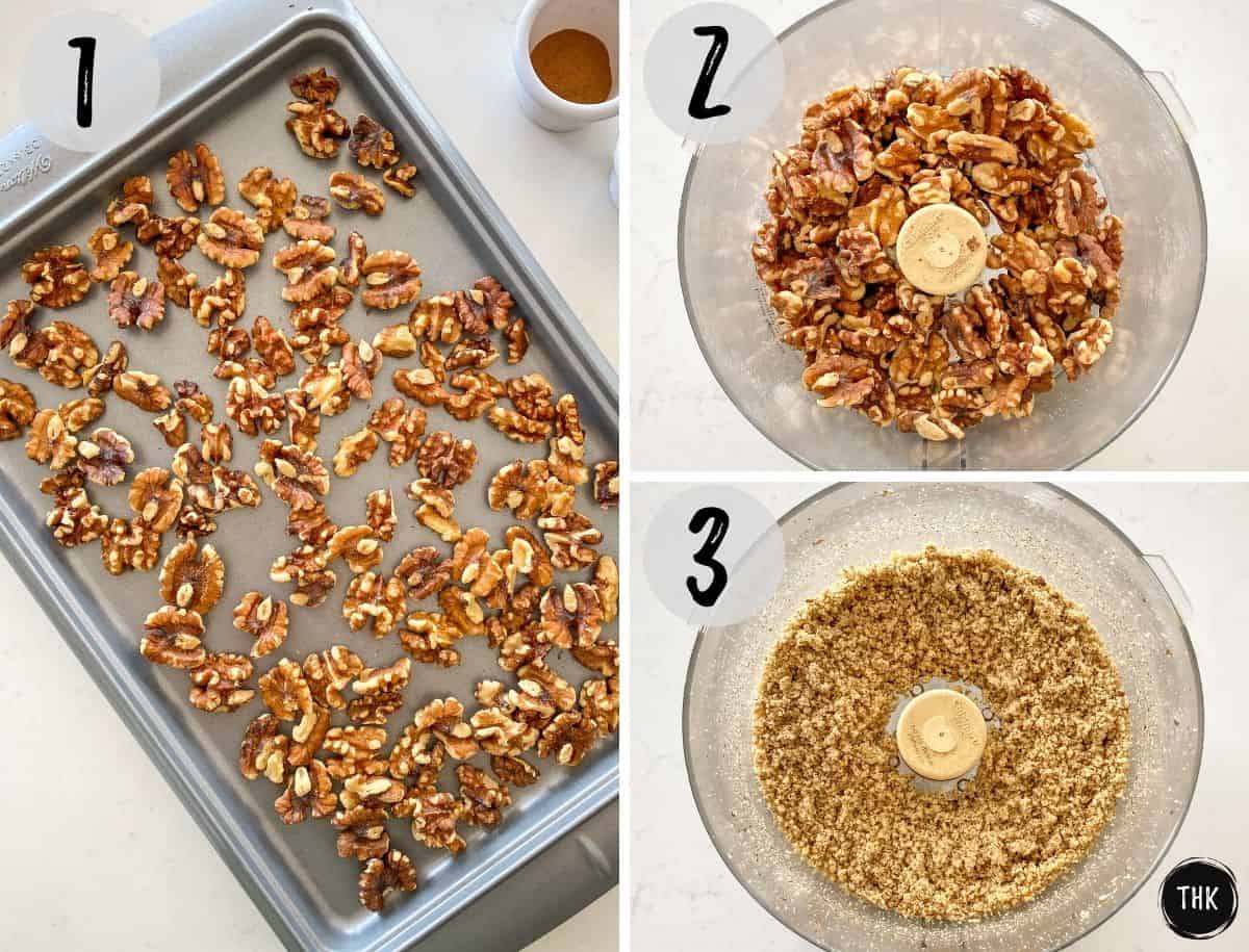 Walnuts in baking sheet on the left and then in food processor on right.