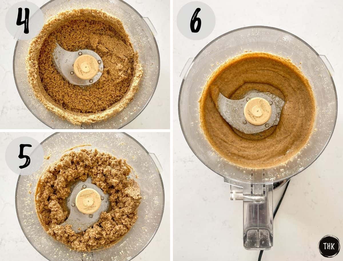 Image collage of walnuts being blended into nut butter.