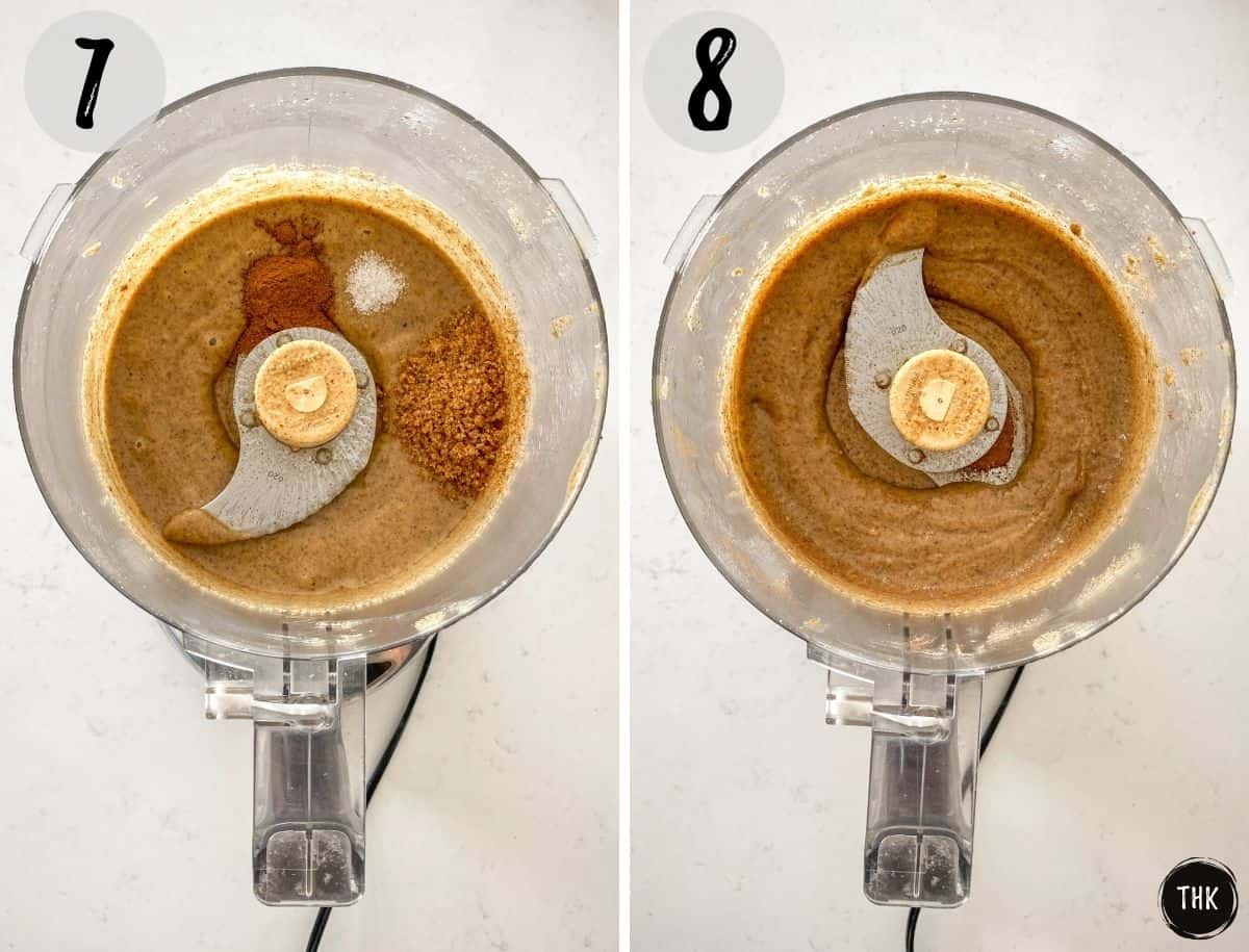 Nut butter in food processor with sugar and spices being added in.
