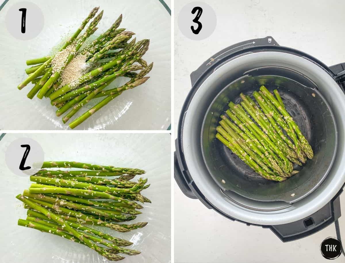 Asparagus being seasoned in large bowl and then transferred to air fryer basket.
