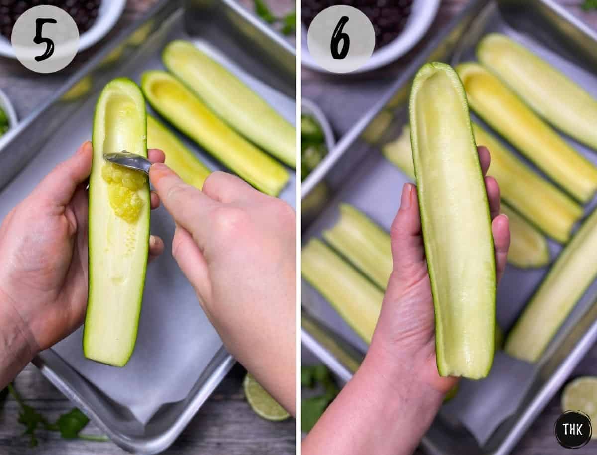 Hand scooping out inside of zucchini half with metal spoon.