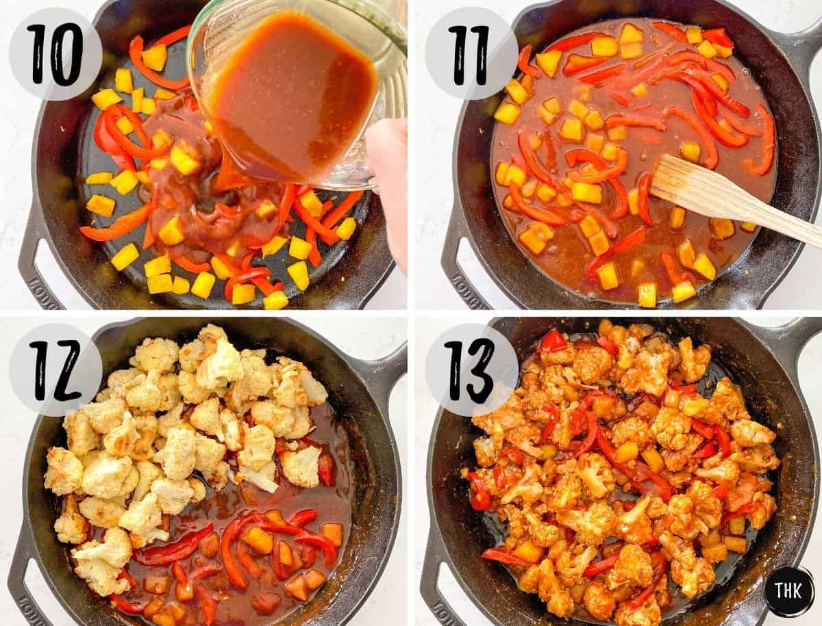 Peppers, pineapple, red sauce and cauliflower being added to cast iron pan and mixed.