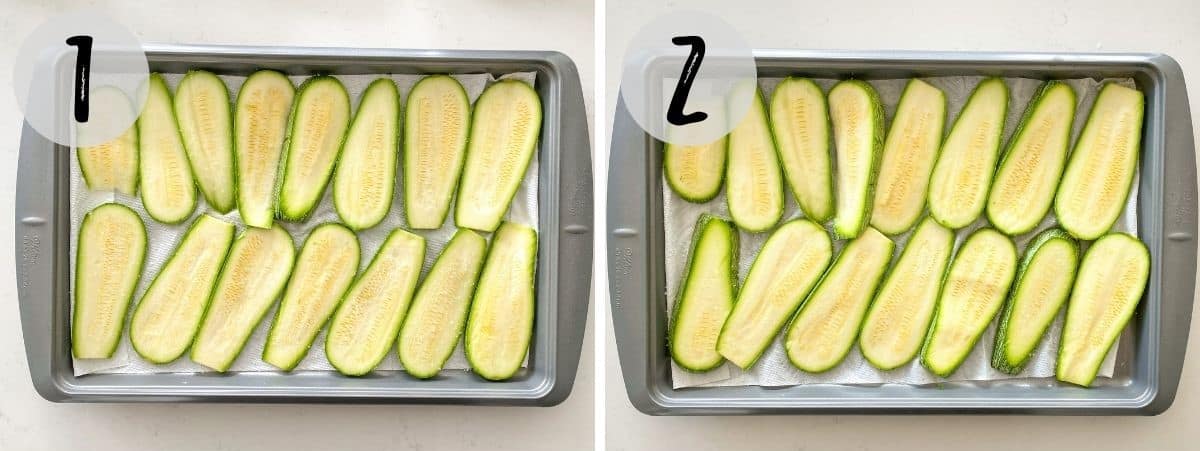 Sliced zucchini in baking sheet.