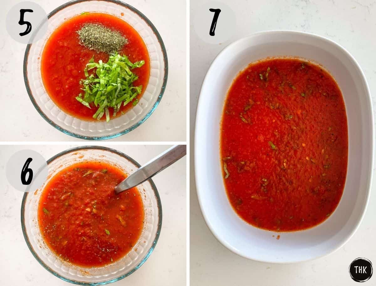Small bowl with tomato sauce and herbs being mixed together on left and baking tray with layer of sauce on right.