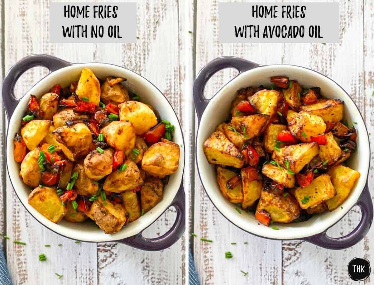 Side by side comparison of home fries with and without oil.