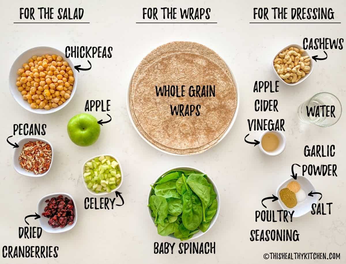 Ingredients needed to make vegan chicken wraps scattered on kitchen counter.