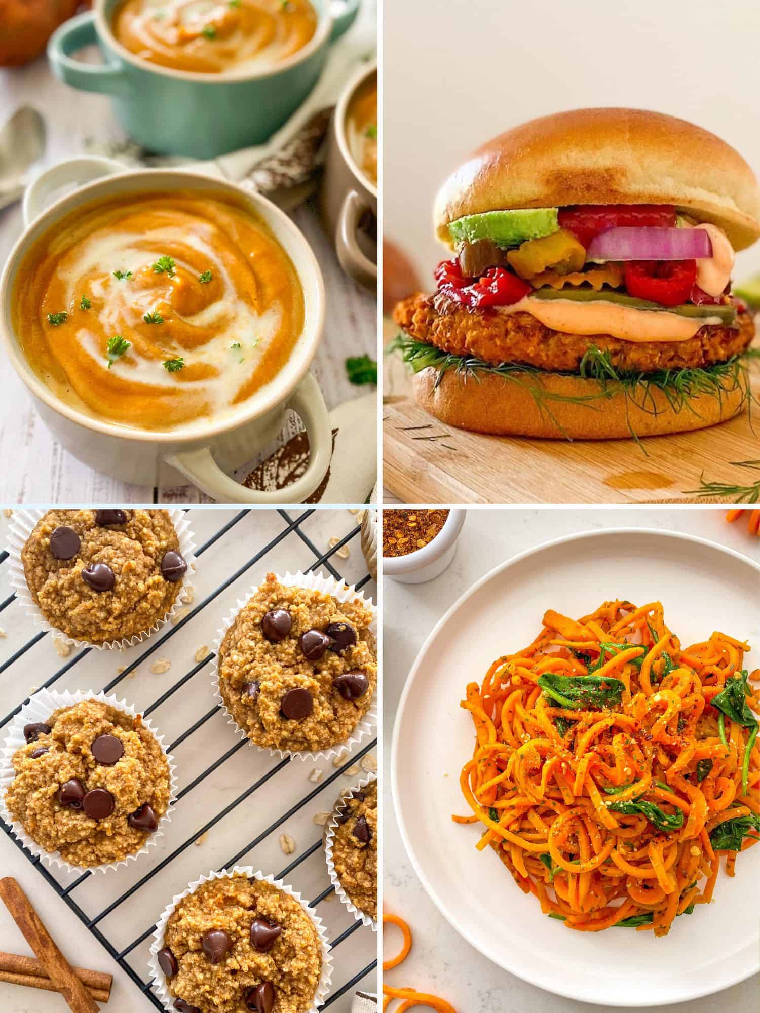 Collage of soup, burger, muffins and sweet potato noodles pictures.