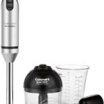 Image of hand blender with attachments on white background.