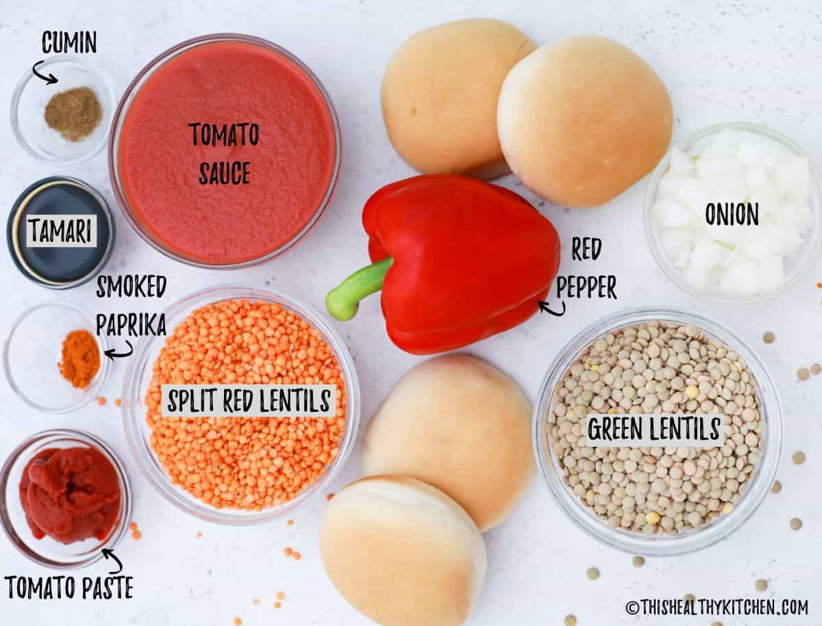 Ingredients needed to make lentil sloppy joes.