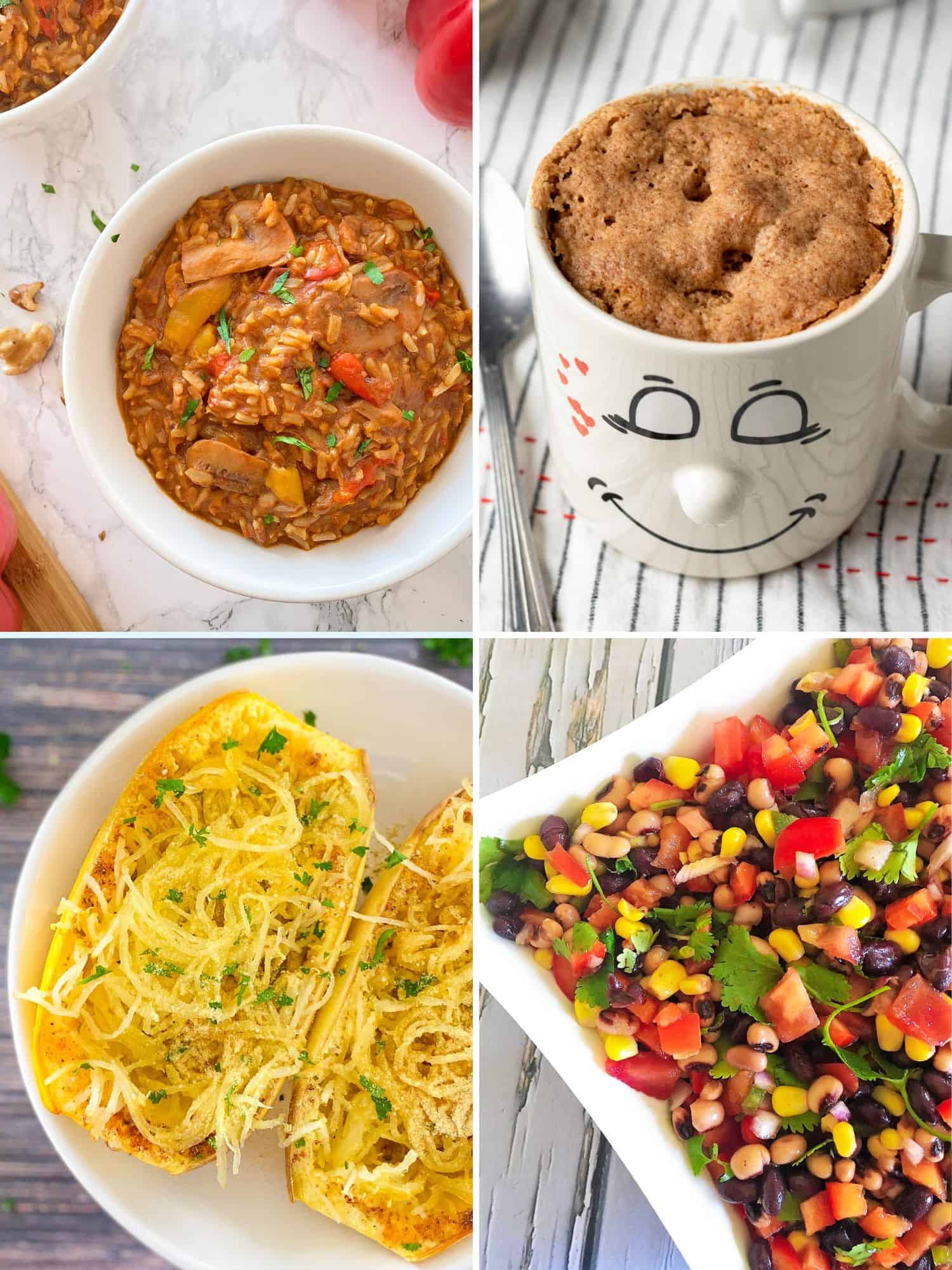 Collage of images: rice, mug cake, spaghetti squash, and salad.