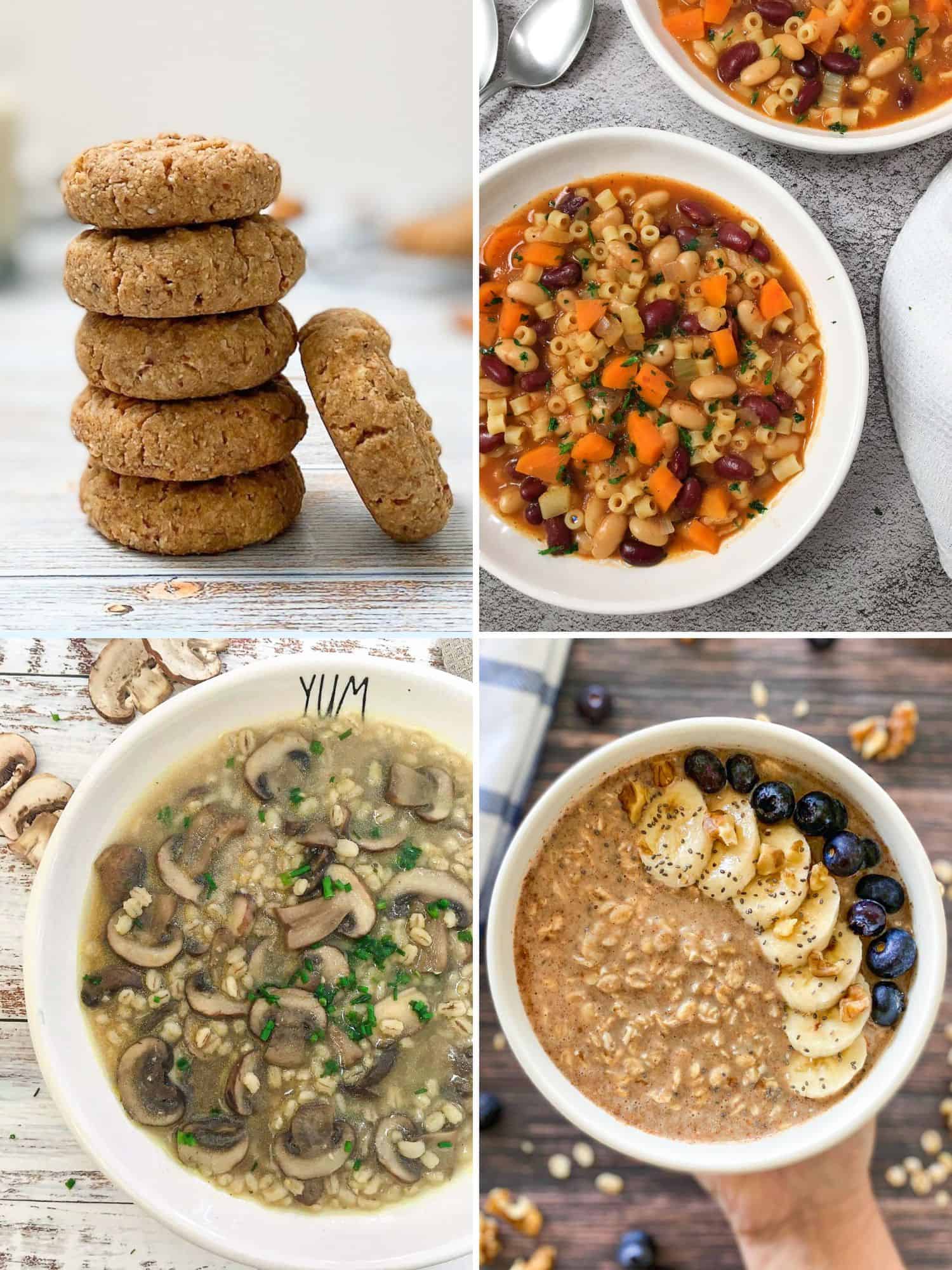 Collage of 4 food images: cookies, stew, soup, oatmeal.