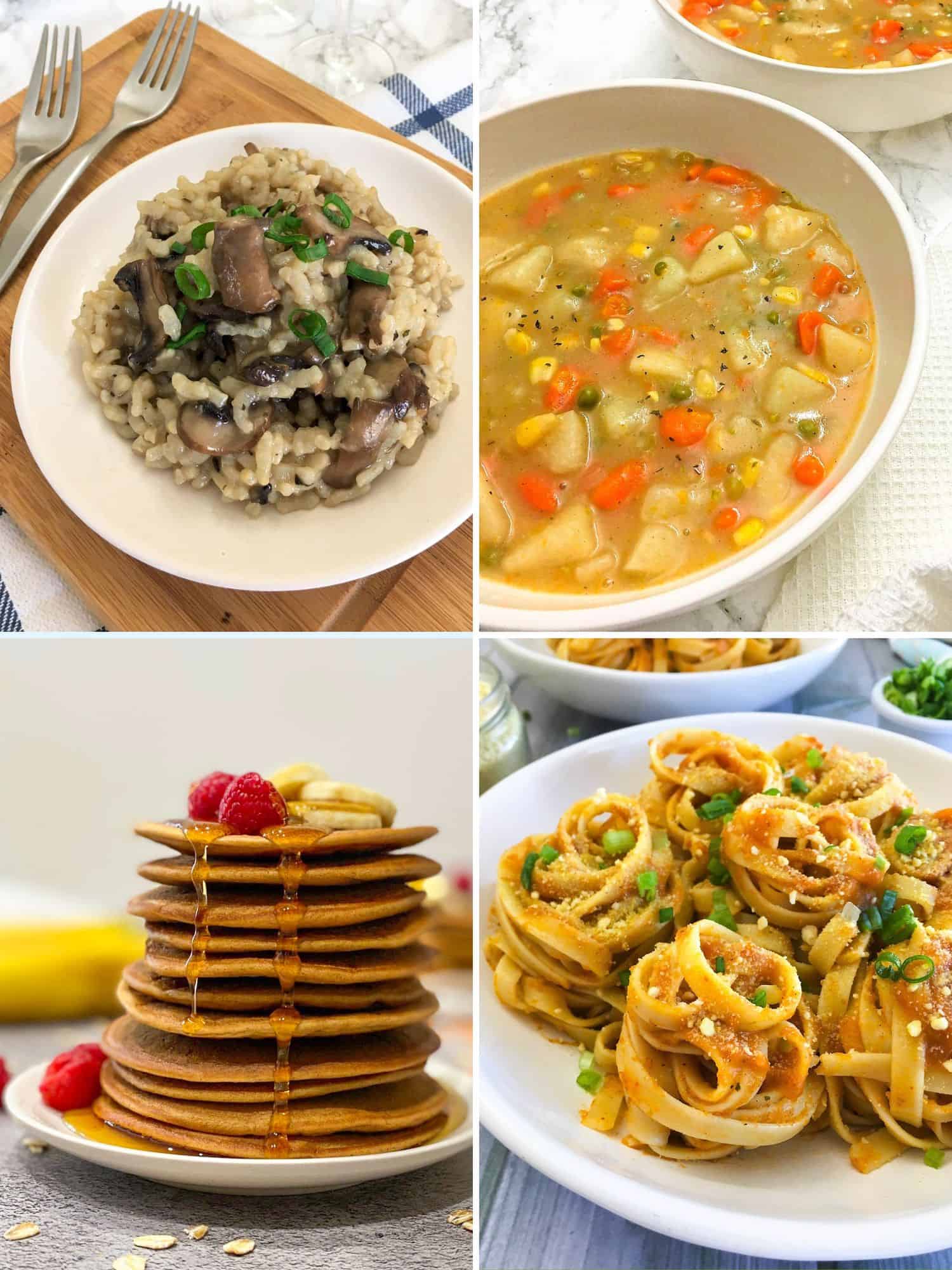 Collage of images: risotto, soup, pancakes and pasta.
