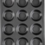 Empty 12 muffin pan on white background.