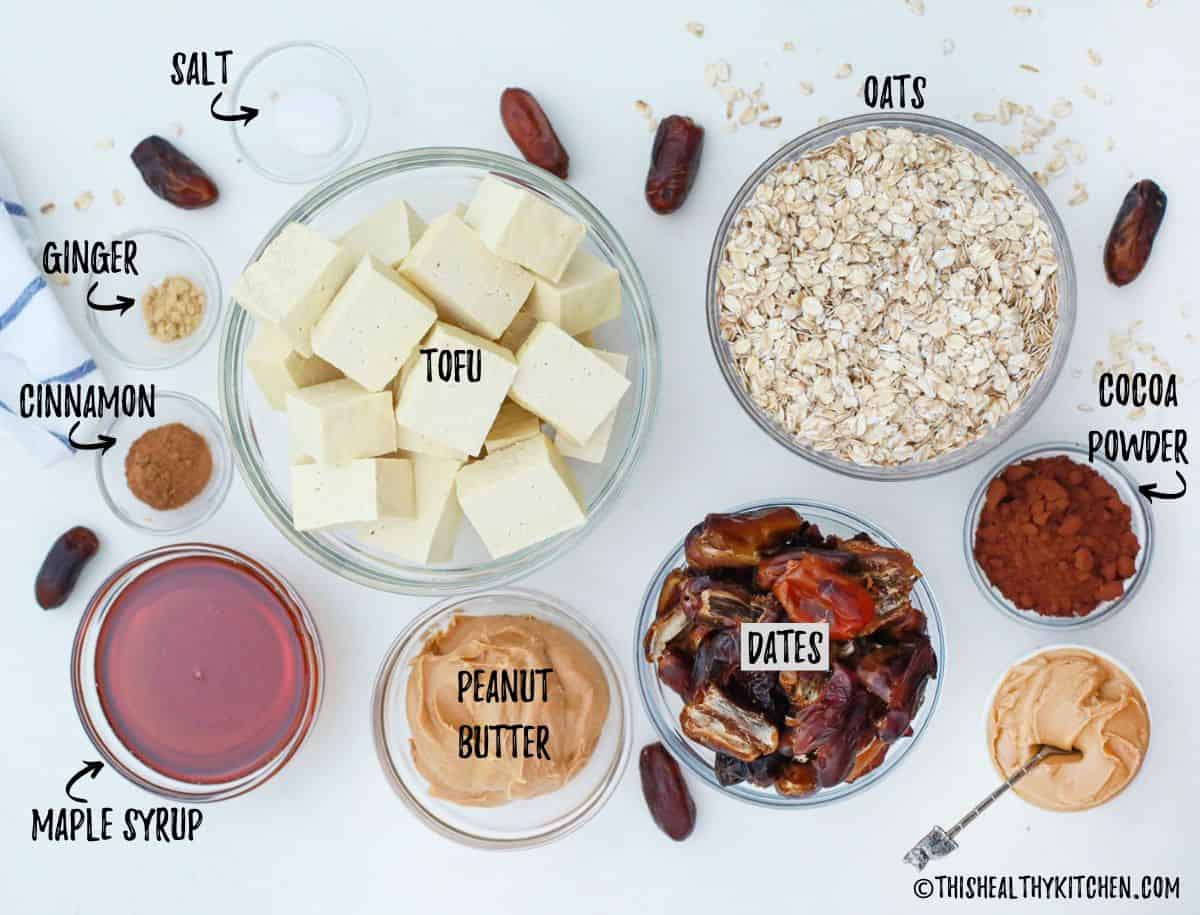 Ingredients to make vegan peanut butter pie in prep bowls.