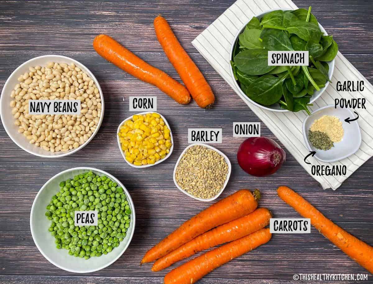 Ingredients needed to make vegetable barley soup.