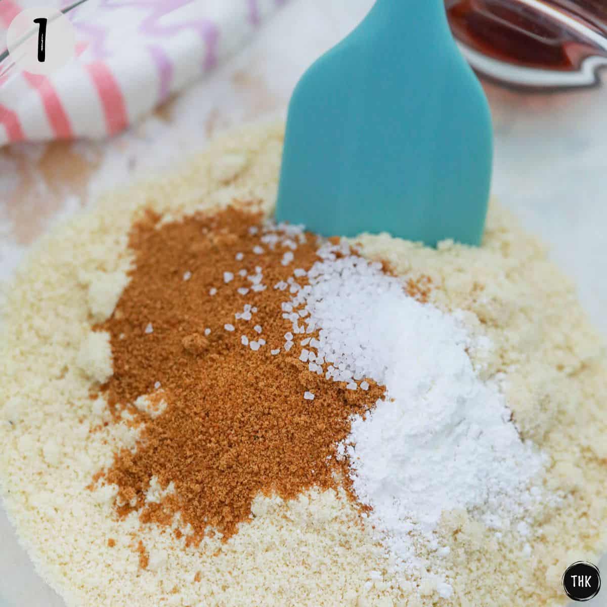 Flour, sugar, baking powder and salt in mixing bowl.