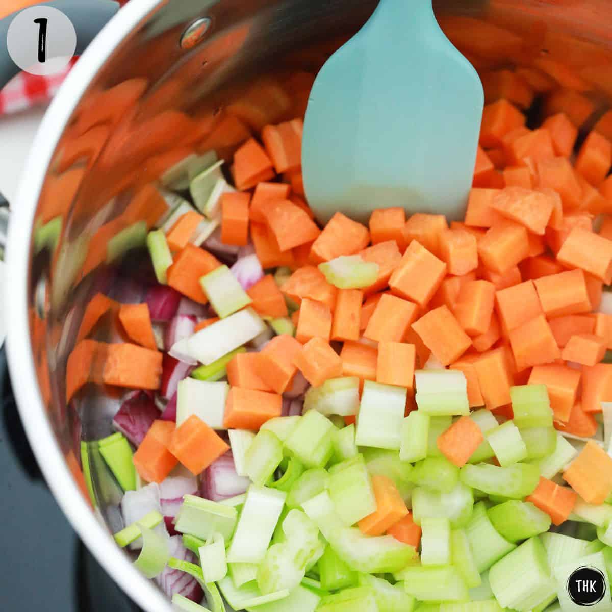 Diced onion, celery and carrots in large pot.