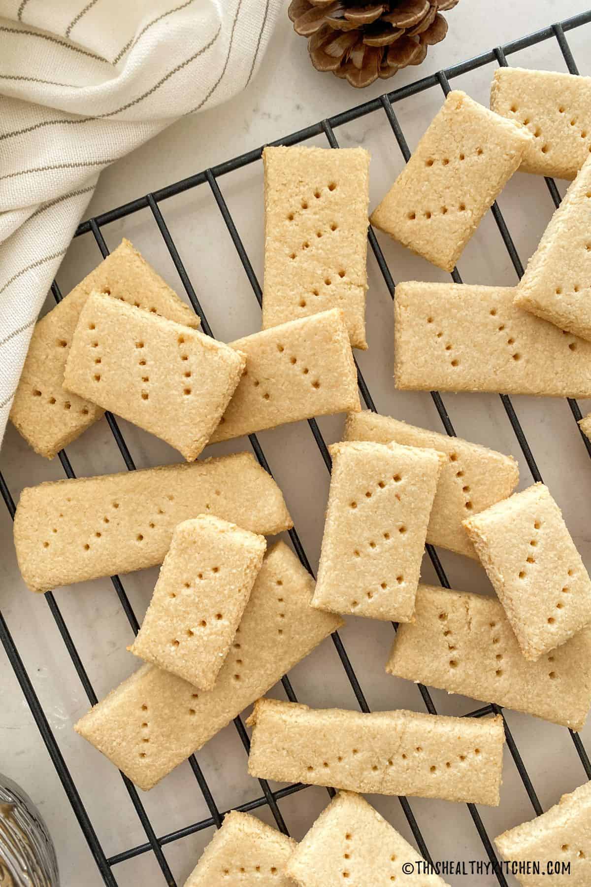 Shortbread cookies on wire cooling rack.