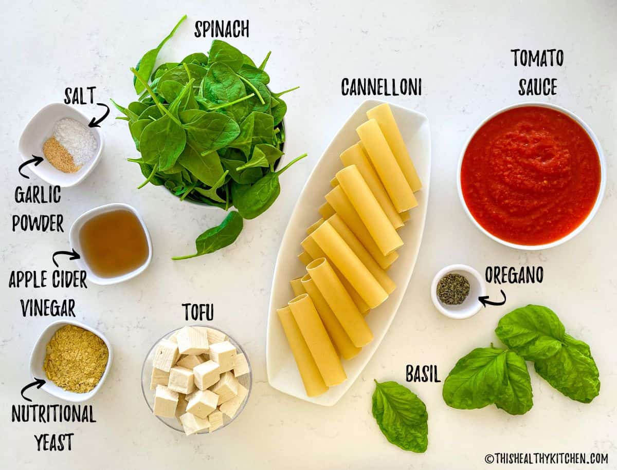Ingredients needed to make vegan cannelloni on kitchen countertop.