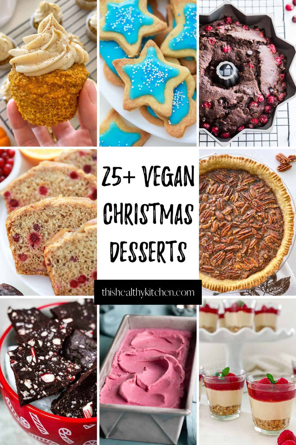Collage of Christmas desserts: cookies, cupcakes, bark, cheesecake, pie, ice cream.
