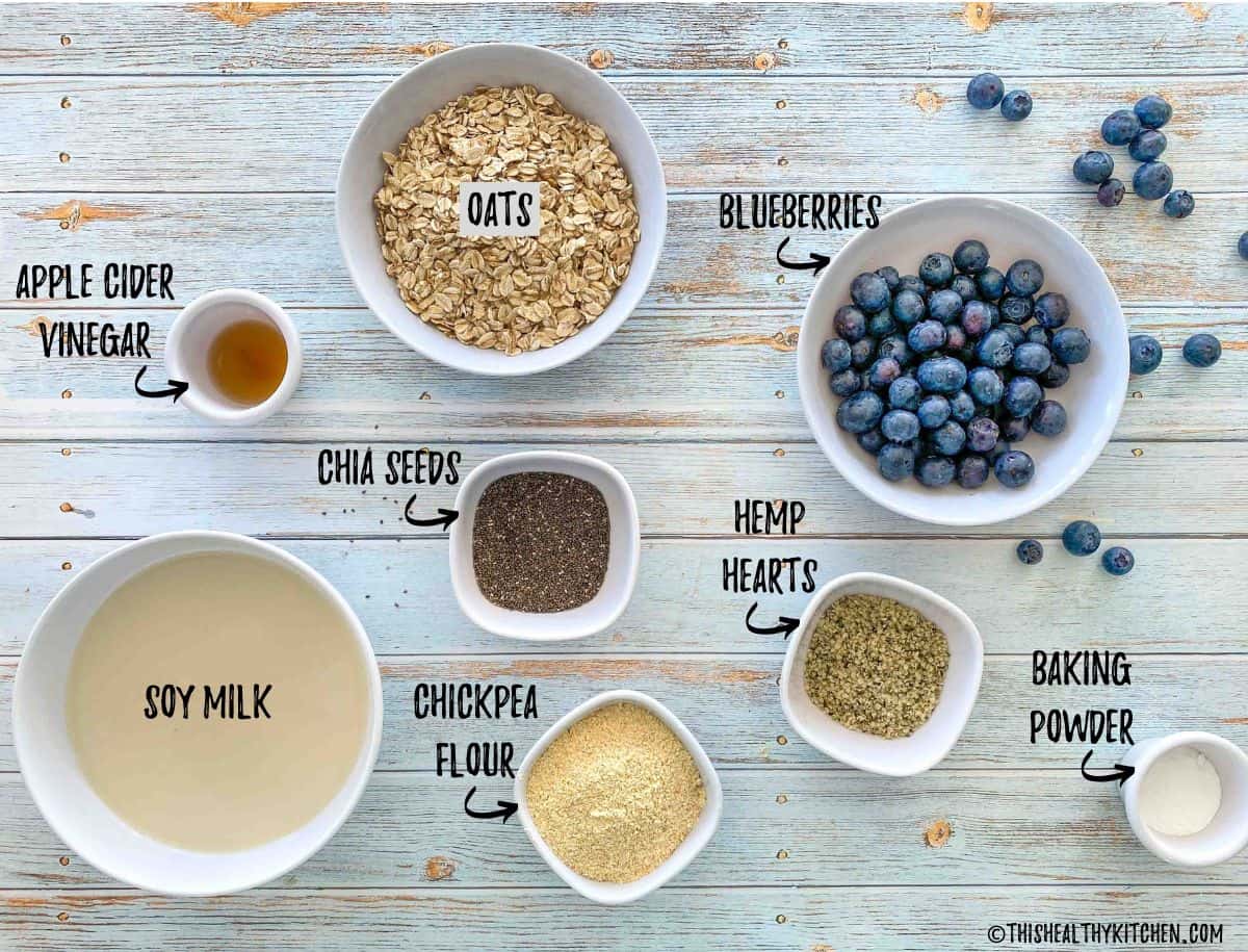 Ingredients needed to make vegan blueberry pancakes.