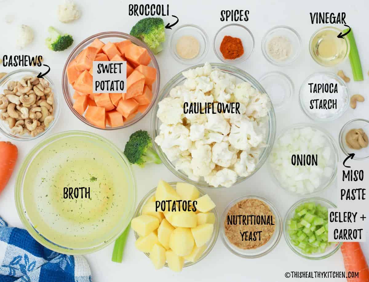 Ingredients needed to make vegan broccoli cheddar soup.