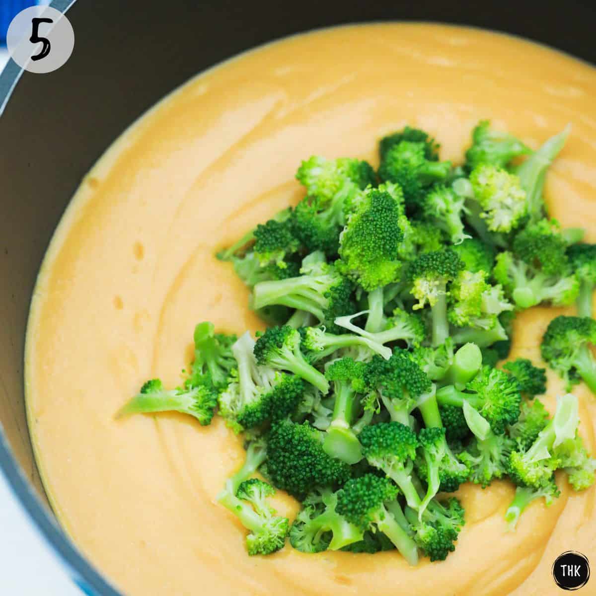 Cheesy orange soup in pot with broccoli florets on top.
