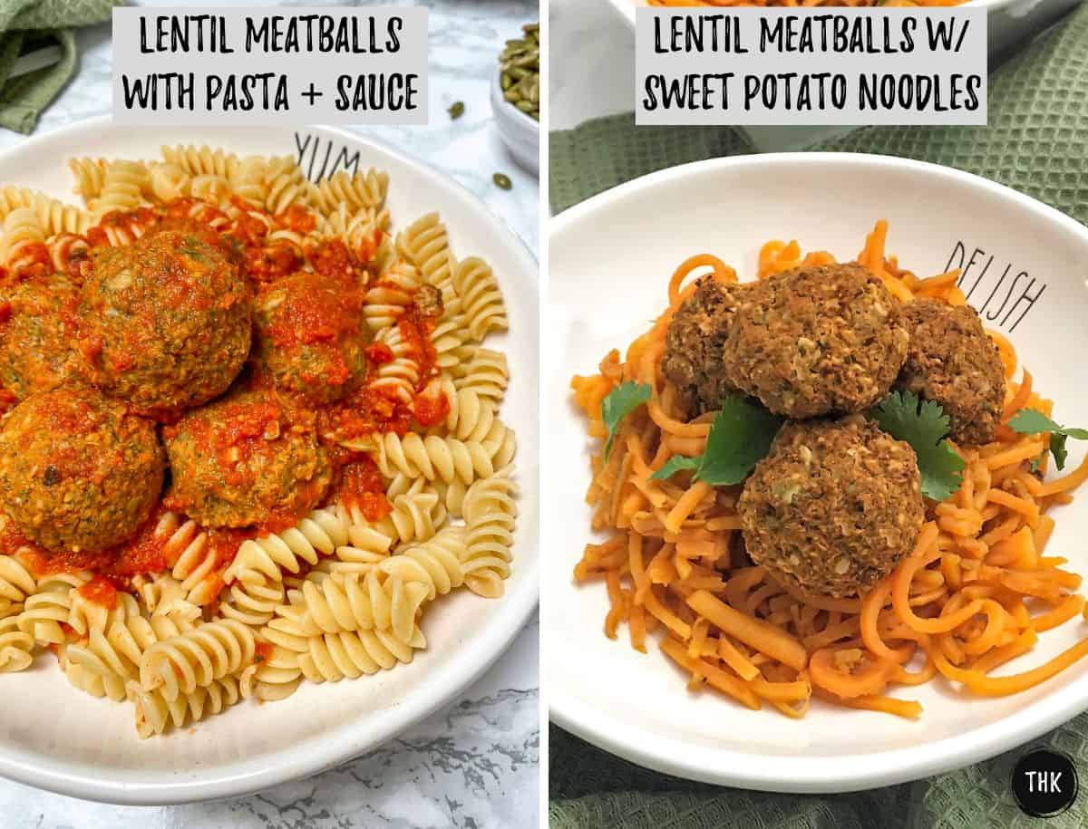 Meatballs with pasta on left and meatballs with sweet potato noodles on right.