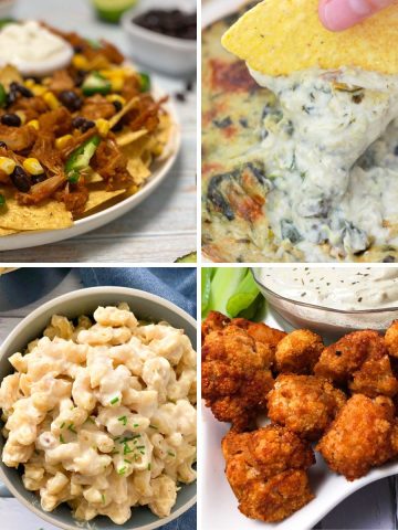 Image collage of nachos, cheese dip, mac and cheese and buffalo cauliflower.