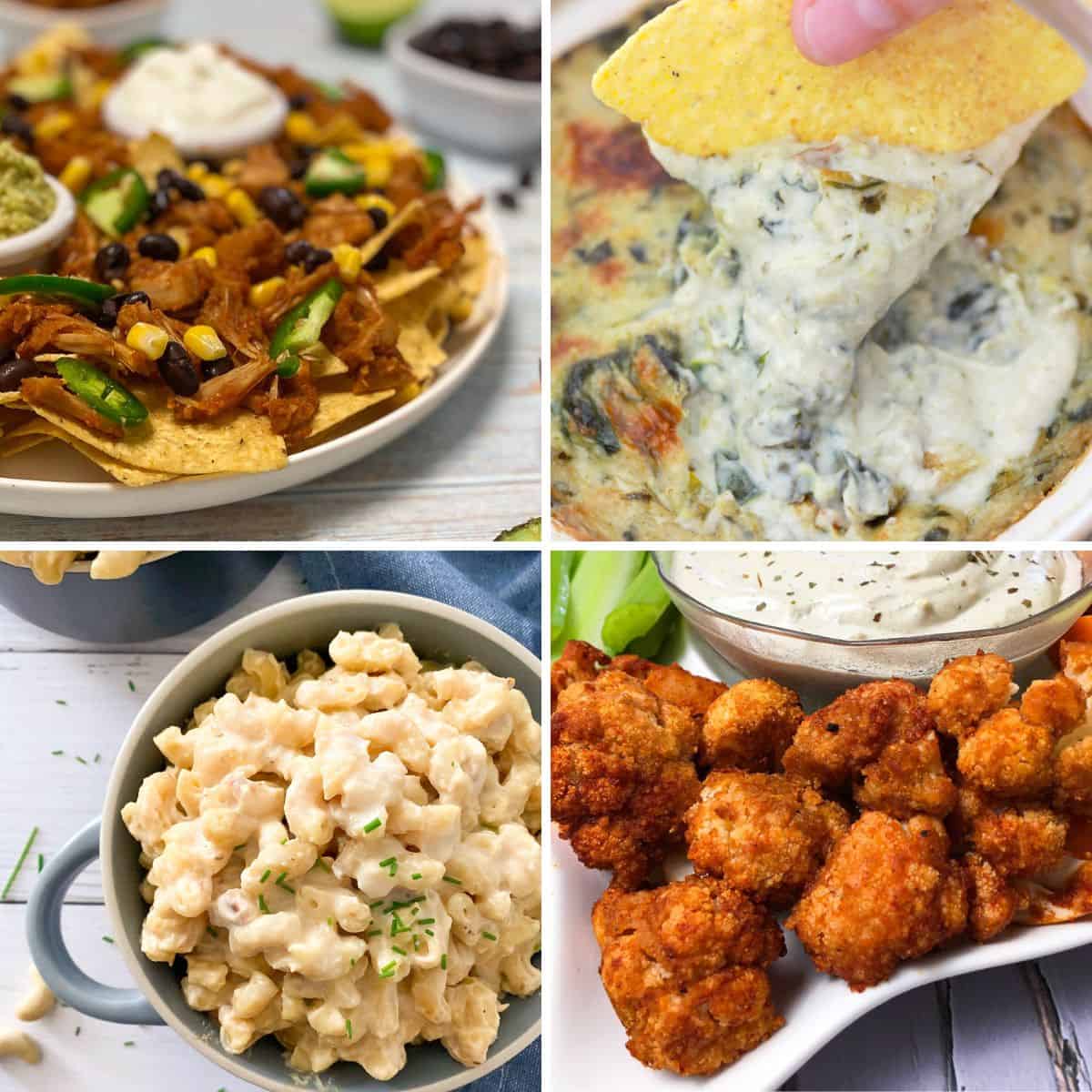 Image collage of nachos, cheese dip, mac and cheese and buffalo cauliflower.