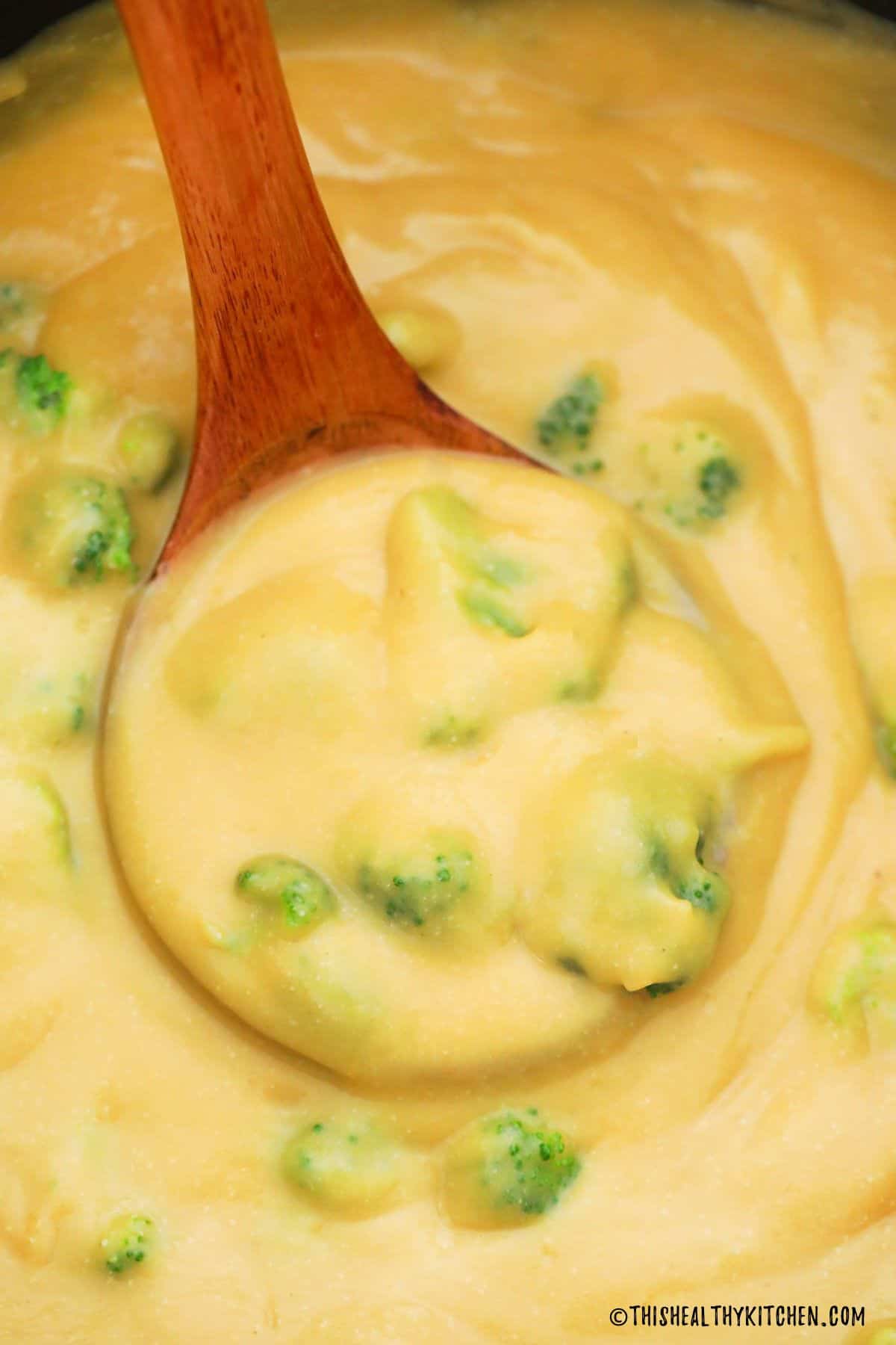 Ladle of creamy soup with broccoli pieces inside pot.