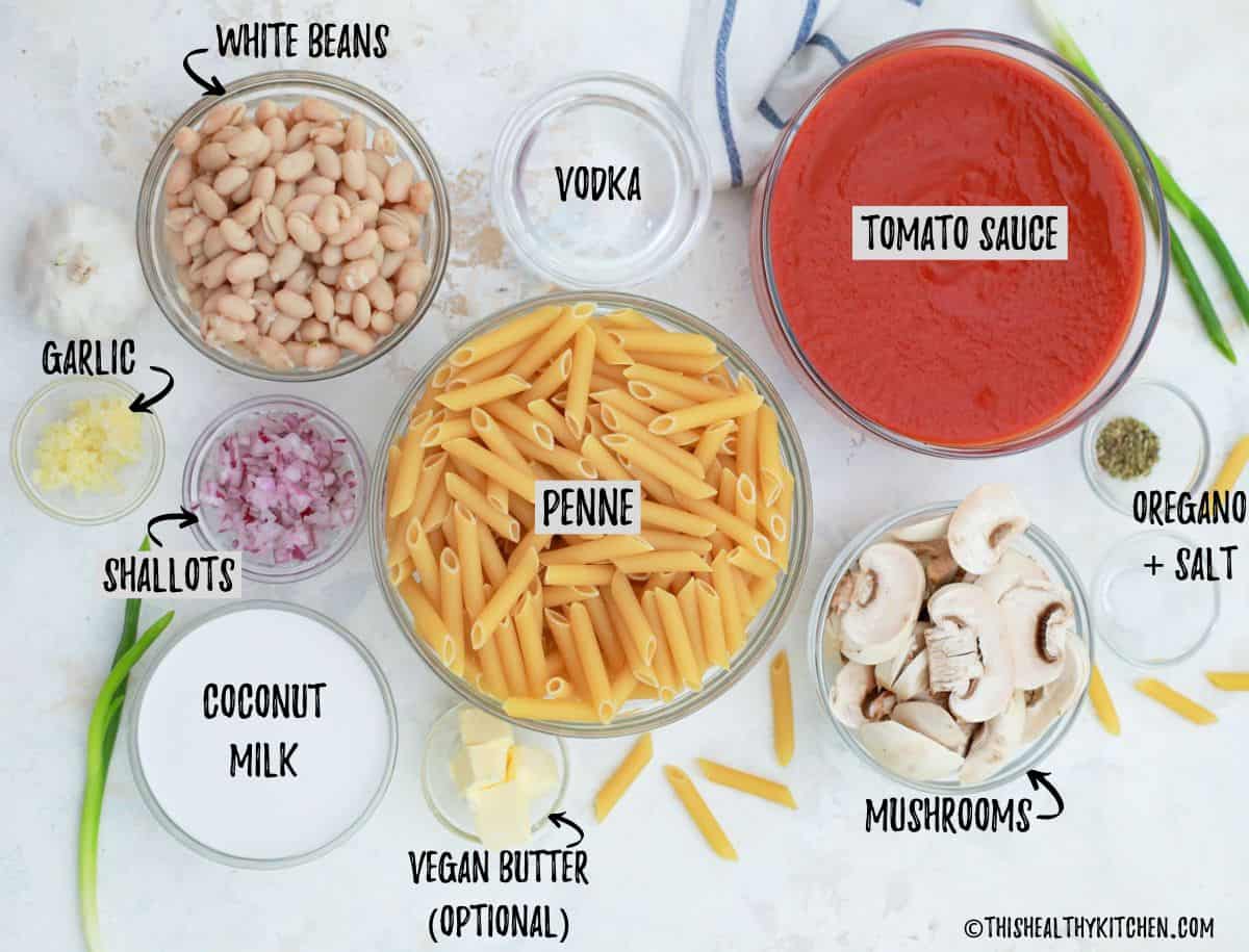 Ingredients needed to make vegan penne alla vodka.