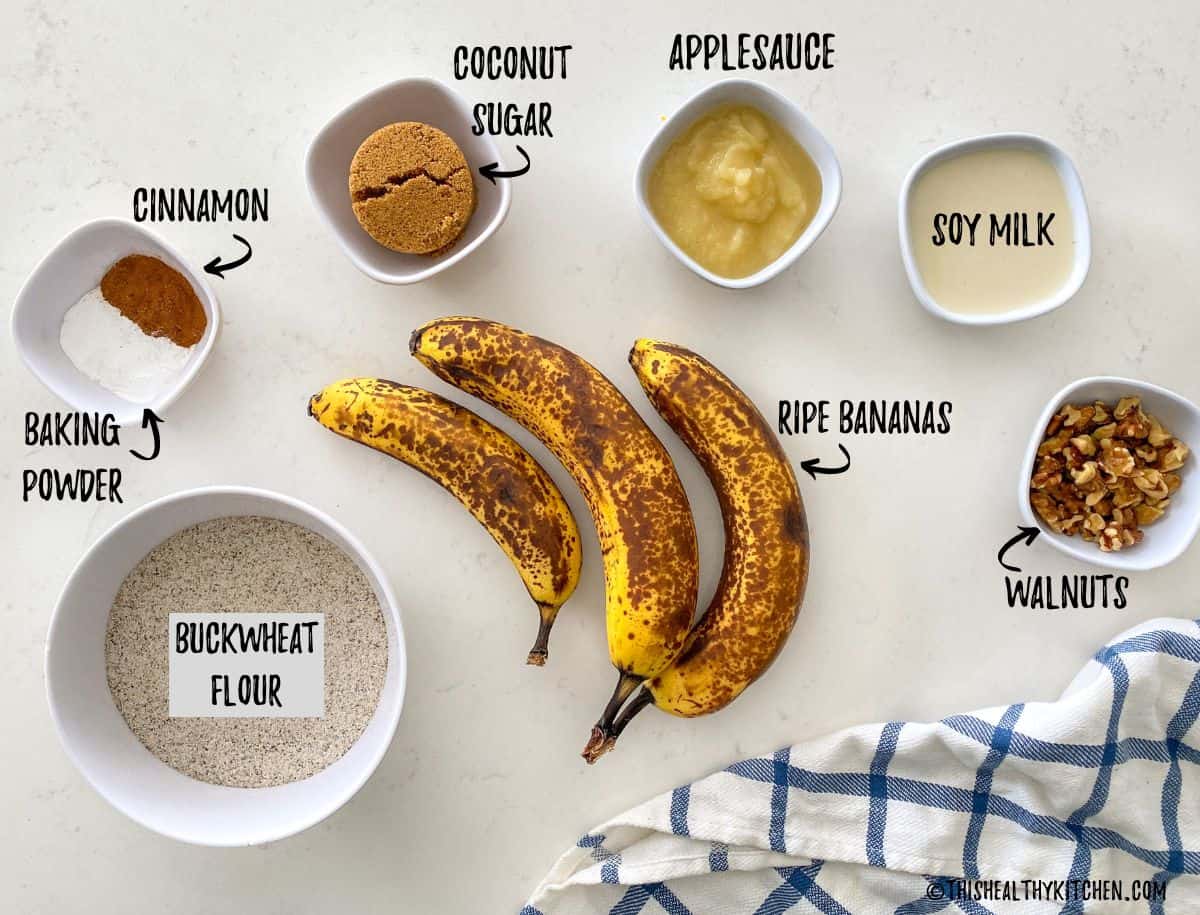 Ingredients to make buckwheat banana bread on kitchen counter.