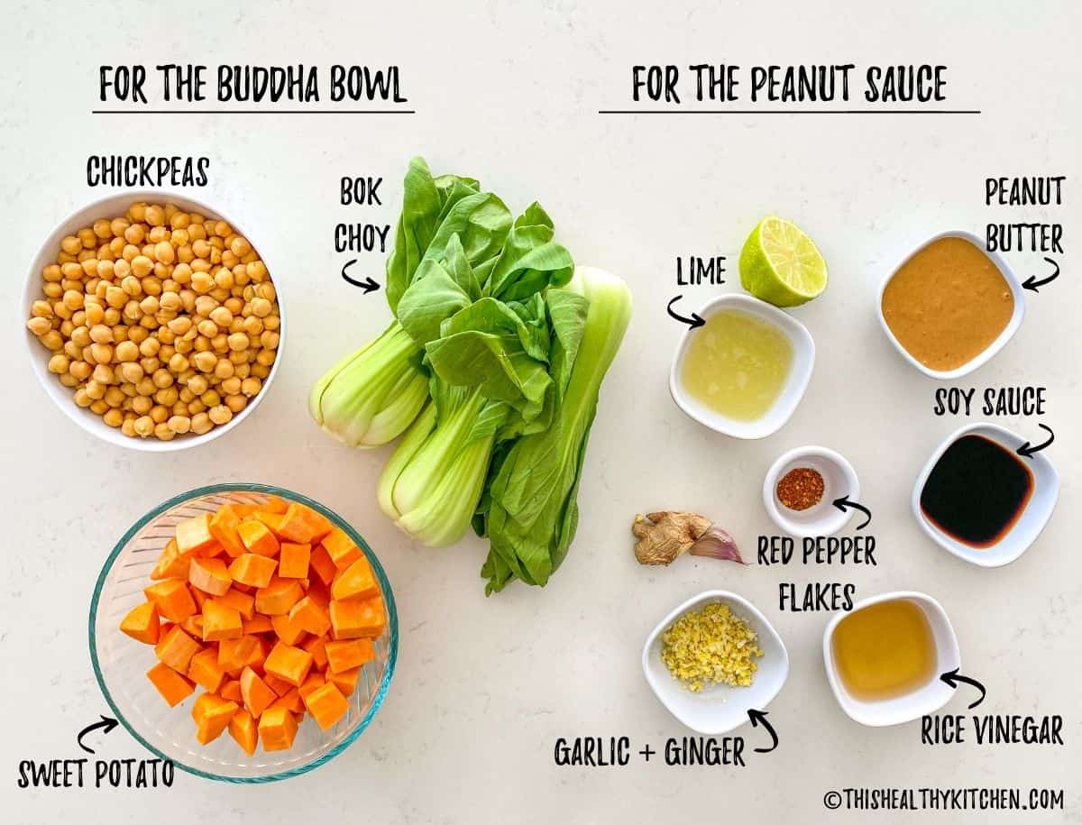 Ingredients needed to make Asian buddha bowls on kitchen countertop.