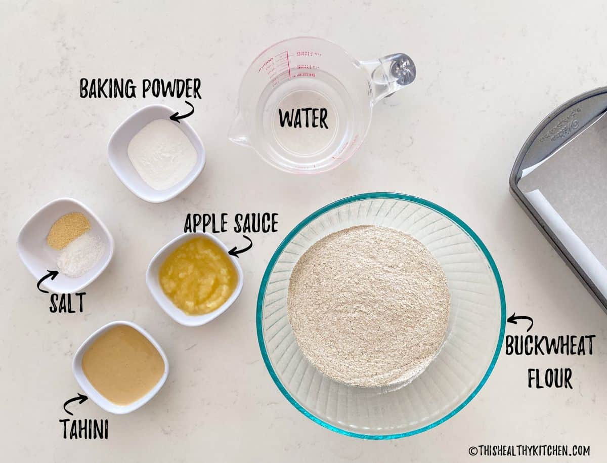 Ingredients needed to make buckwheat bread on kitchen counter.