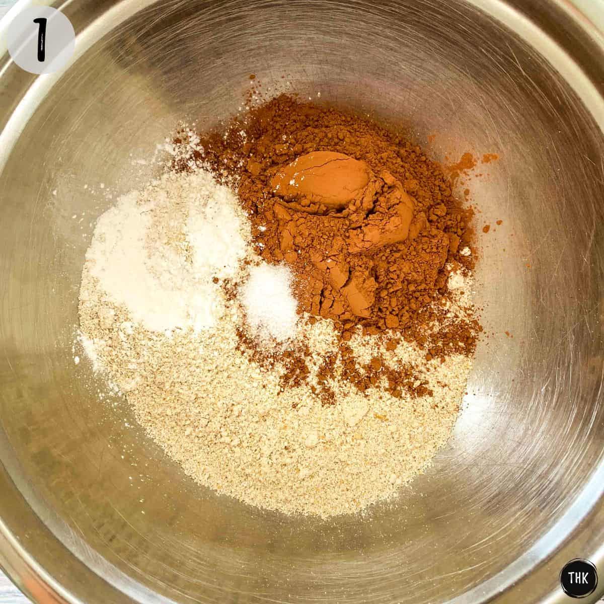 Flour and cocoa powder in mixing bowl.